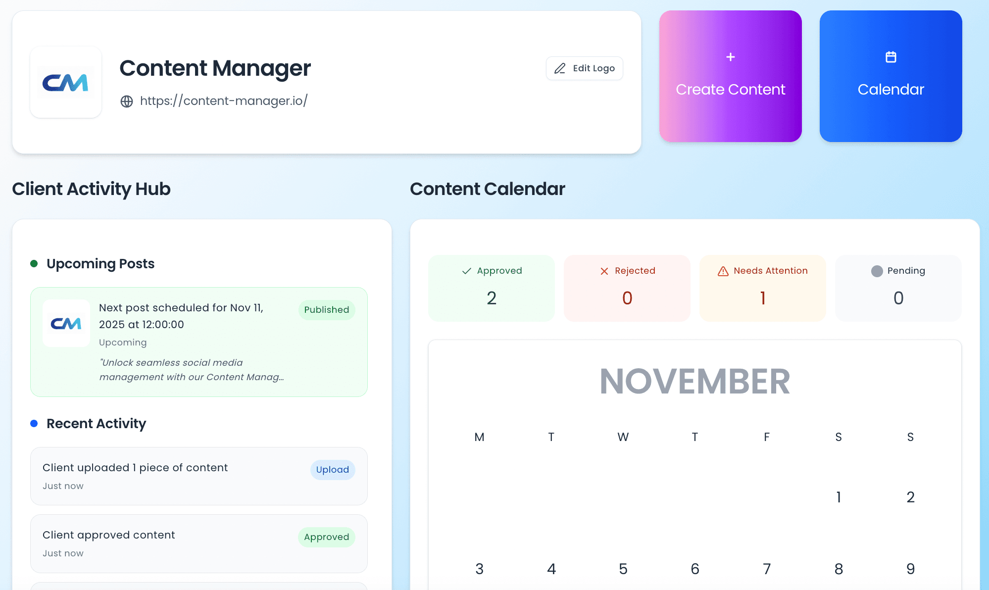 Content Manager client dashboard with upcoming posts, approvals and activity