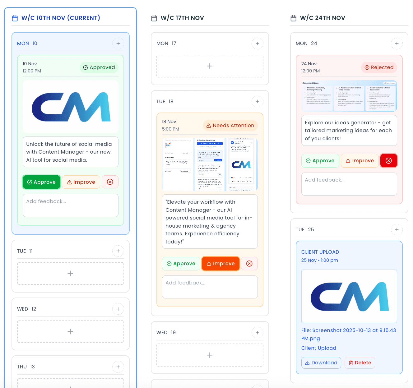 Content Manager client portal showing a content calendar for client approval