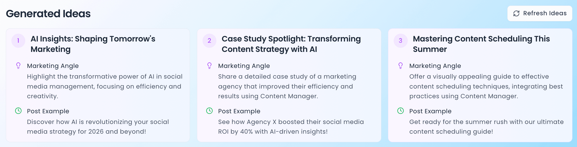 Content Manager content ideas generator suggesting social media post ideas